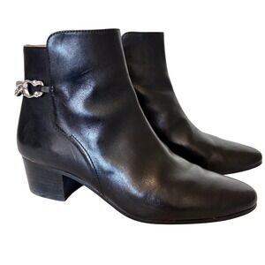 Coach 'Carissa' Ankle Chain Black Leather Moto Booties 1.75" Block Heel – Sz 8.5